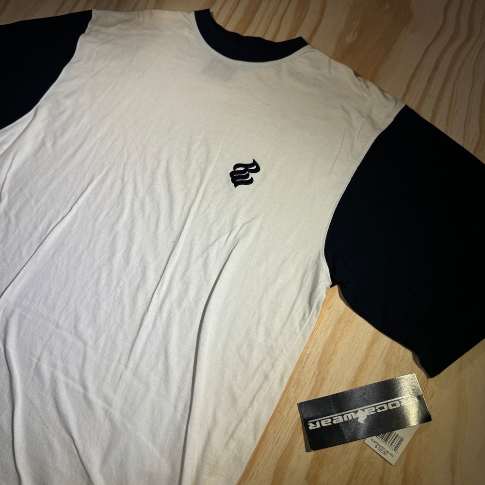 Rocawear Mens Colorblock T-Shirt White Navy Embroidered Logo Size Large NWT Flaw